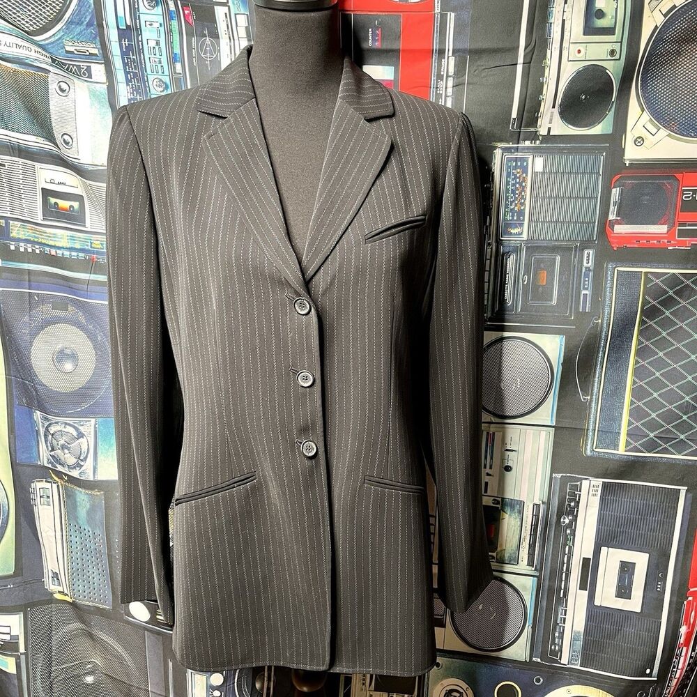 Anne Klein Women's Navy Pinstripe Notched-Collar Jacket Size 10